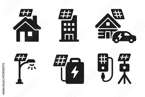 Solar Battery Icon Set. Solid, filled icon set of solar battery applications: residential home, commercial building, off-grid cabin, electric vehicle, outdoor