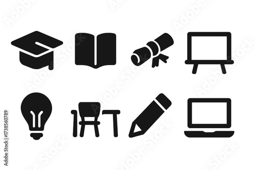 Education Independence Icons. Solid, filled icon set of independence in education: graduation cap, open book, diploma scroll, chalkboard, light bulb, study