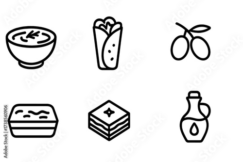 Greek Food Icons. Outline icon set of Greek food: tzatziki bowl, gyro wrap, feta cheese, olives, moussaka dish, baklava pastry, lemon, olive oil bottle. Line