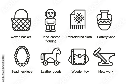 Craft Icon Set. Outline icon set of local crafts and goods: woven basket, hand-carved figurine, embroidered cloth, pottery vase, bead necklace, leather goods,