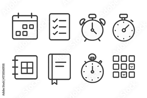 Discipline Tools Icons. Outline icon set of discipline tools: calendar, checklist, alarm clock, timer, planner, journal, stopwatch, habit tracker. Line icons
