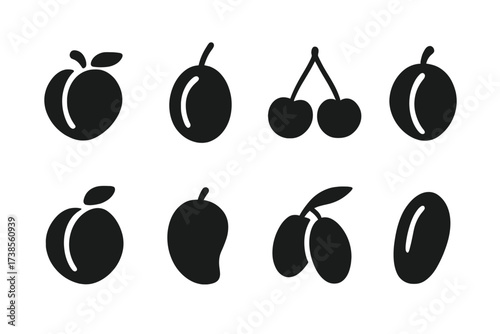 Stone Fruits Icons. Solid, filled icon set of stone fruits: peach, plum, cherry, apricot, nectarine, mango, olive, date. Solid, filled icons in only black