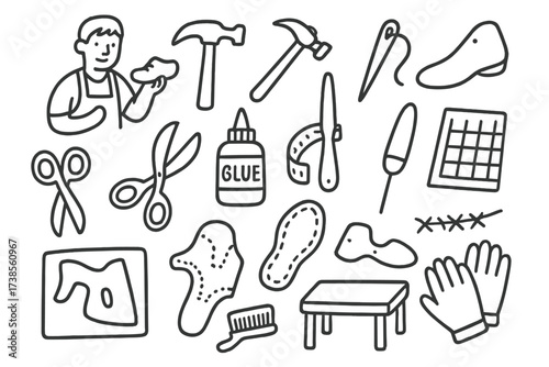 Shoemaker's Tool Doodles. Hand-drawn doodle illustration shoemaker leather, hammer, needle and thread, shoe last, scissors, glue, measuring tape, awl, cutting
