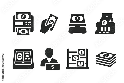 Cash Counting Icons. Solid, filled icon set of cash counting: counting machine, hand counting bills, money scale, coin sorter, cash tray, bank teller, counting