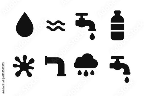 Water Icons Collection. Solid, filled icon set of water: water droplet, wave, faucet, water bottle, splash, water pipe, rain cloud, water tap. [Line icons in