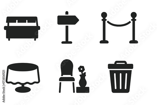 Buffet Icon Set. Solid, filled icon set of buffet layout elements: buffet line divider, directional sign, tray return station, queue rope, round table, banquet