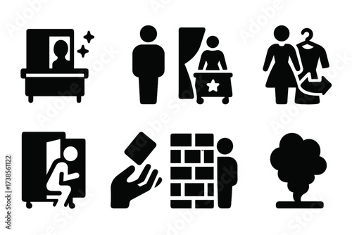Illusion Trick Icons. Solid, filled icon set of illusion tricks: mirror box, vanishing act, twin trick, quick change costume, hidden compartment, sleight of