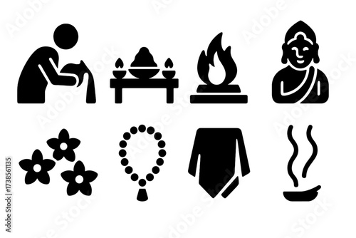 Milk Offering Icons. Solid, filled icon set of milk offering scenes: person pouring milk, altar setup, sacred fire, deity idol, flowers, prayer beads, ritual