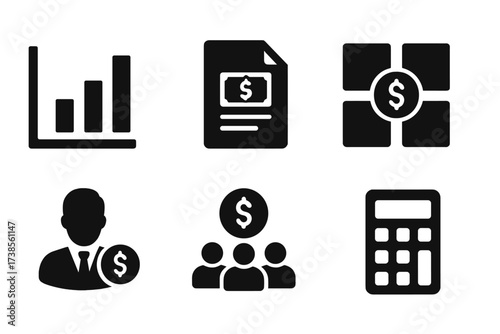 Mutual Funds Icons. Solid, filled icon set of mutual funds: bar graph, pie chart, fund document, diversified portfolio, fund manager icon, pooled investment,