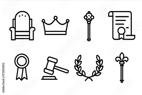 Empire Governance Icons. Outline icon set of empire governance: throne, crown, scepter, scroll, seal, judge?s gavel, laurel wreath, royal staff. Line icons in
