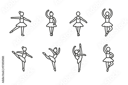 Ballet Icon Outline Set. Outline icon set of ballet movements: jete, releve, tendu, saute, glissade, pas de chat, grand battement, pirouette. Line icons