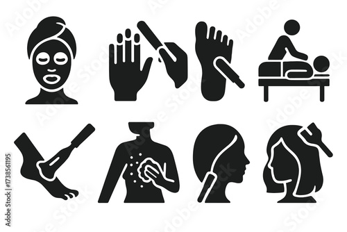 Beauty Treatment Icons. Solid, filled icon set of beauty treatments: facial, manicure, pedicure, massage, waxing, body scrub, microdermabrasion, hair coloring.