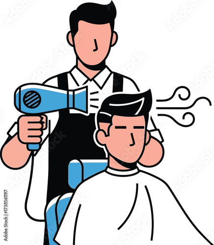 Vector art of barber drying customers hair with a hair dryer