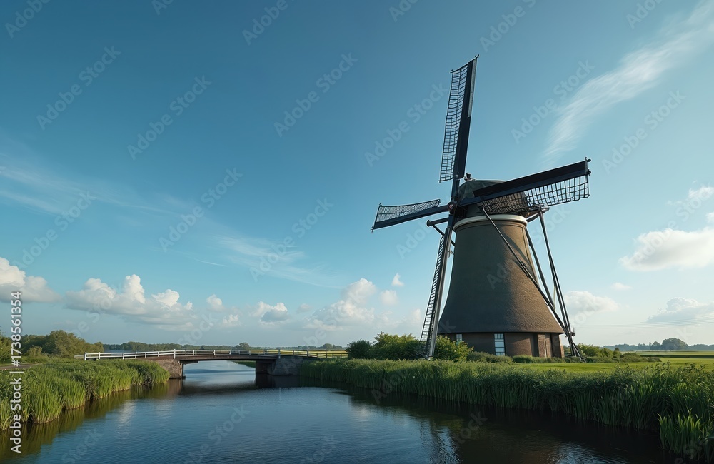 Obraz premium Traditional Dutch windmill stands near blue canal with bridge. Green grass lines water under vast clear sky with soft clouds. Rural landscape in summer.
