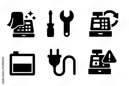 Cash Register Maintenance Icons. Solid, filled icon set of cash register maintenance: cleaning cloth, screwdriver, wrench, software update, battery, power