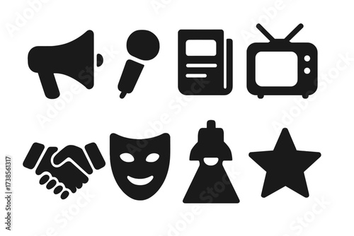 Influence Icon Set. Solid, filled icon set of propaganda and influence: megaphone, microphone, newspaper, TV screen, handshake, mask, spotlight, star. Solid,