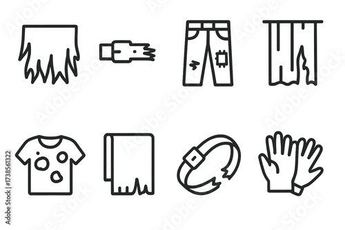 Worn Fabric Icons. Outline icon set of worn and torn fabrics: shredded rag, frayed belt, patched jeans, ripped curtain, holey shirt, old towel, broken strap,