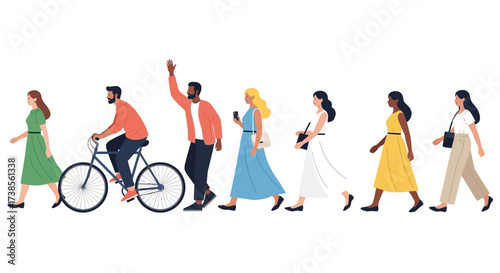 A diverse group of people walking and cycling in a line illustration