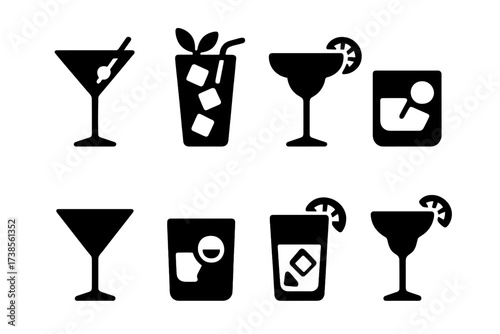 Classic Cocktail Icons. Solid, filled icon set of classic cocktails: martini, mojito, margarita, old fashioned, cosmopolitan, negroni, whiskey sour, daiquiri.