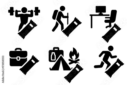 Energy Bar Occasions. Solid, filled icon set of energy bar consumption occasions: gym workout, hiking trail, office snack, school lunch, travel kit, camping