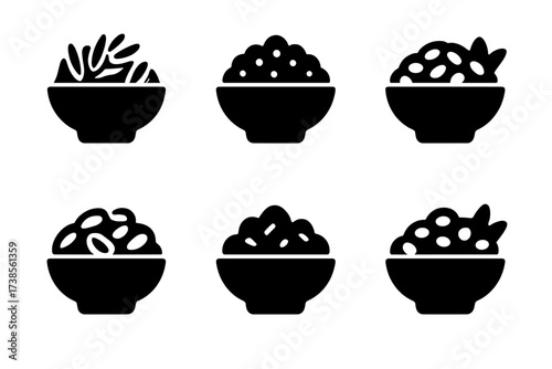 Grain Side Dishes Icons. Solid, filled icon set of grain side dishes: wild rice, couscous, barley salad, brown rice, farro, bulgur wheat, millet, corn salad.
