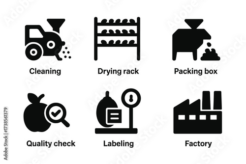 Harvest Process Icons. Solid, filled icon set of harvest processing: cleaning machine, drying rack, milling machine, packing box, quality check, labeling,