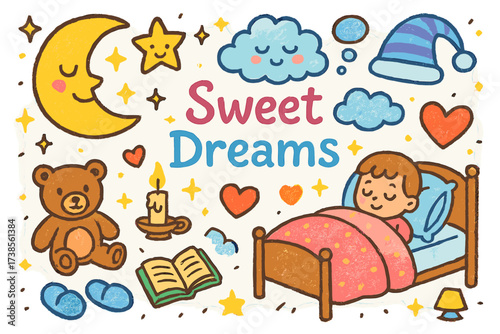 Sweet Dreams Doodle. Sweet Dreams. Colorful Hand-drawn doodle Children illustration Sweet Dreams moon, star, cloud, sparkle, pillow, blanket, bed, teddy bear,