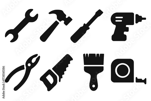 Abandoned Tool Icons. Solid, filled icon set of found tools: misplaced wrench, broken hammer, lost screwdriver, abandoned drill, dropped pliers, rusted saw,