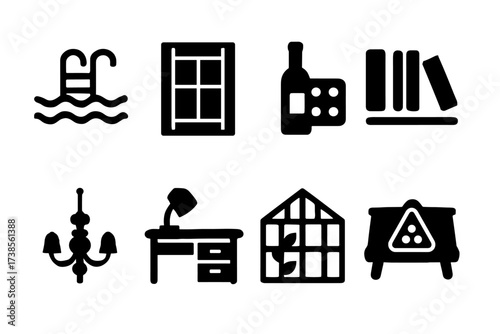 Estate Amenities Icons. Solid, filled icon set of estate amenities: swimming pool, tennis court, wine cellar, library, ballroom, study, conservatory, billiard