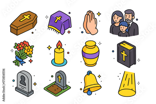 Colorful Burial Icons. Burial rites. Colorful isometric vector icons set of burial rites: coffin, ceremonial cloth, folded hands, mourning family, flowers,