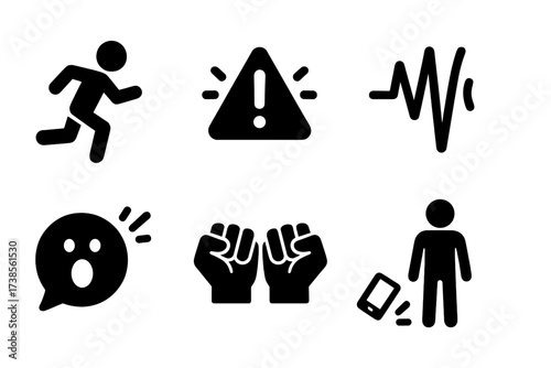Panic Reaction Icons. Solid, filled icon set of panic reactions: running figure, alert icon, heartbeat spike, shaky lines, scream bubble, clenched fists, phone