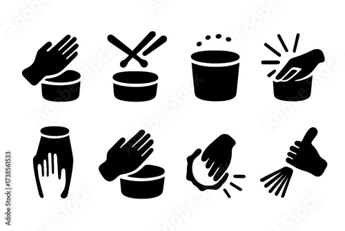 Percussion Technique Icons. Solid, filled icon set of percussion playing techniques: hand drumming, stick drumming, rolling, rim shot, slap, tap, shake, brush