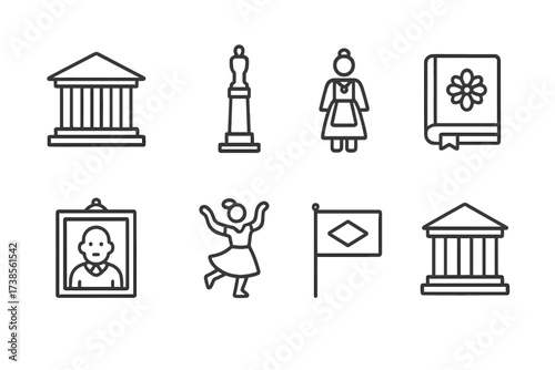 Cultural Heritage Icons. Outline icon set of cultural heritage: ancient temple, historical monument, traditional costume, folklore book, ancestral portrait,