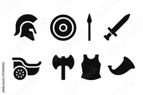 Ancient Warrior Icons. Solid, filled icon set of ancient warriors: helmet, round shield, spear, sword, chariot, battle axe, breastplate, war horn. [Solid,