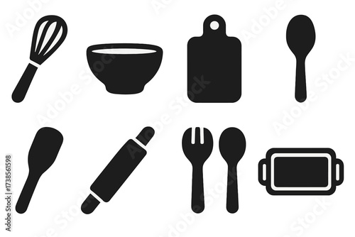 Wooden Kitchen Tools. Solid, filled icon set of wood and kitchen combos: oak whisk, wooden bowl, wooden cutting board, wooden spoon, wooden spatula, rolling
