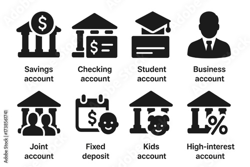 Bank Accounts Icons. Solid, filled icon set of bank account types: savings account, checking account, student account, business account, joint account, fixed