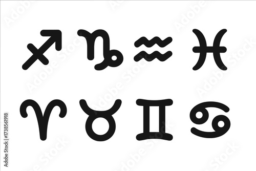 Zodiac Glyph Icon Set. Solid, filled icon set of zodiac glyphs: Sagittarius, Capricorn, Aquarius, Pisces, Aries, Taurus, Gemini, Cancer. Solid, filled icons in