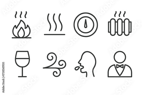 Fireplace and Wine Icons. Outline icon set of fireplace heating: warmth symbol, heat waves, thermostat, radiator, heater, flame, temperature gauge, snowflake