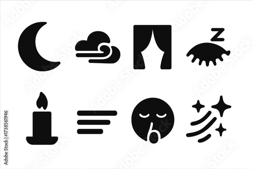 Night Wind Icons. Solid, filled icon set of night wind: crescent moon, cloud wisp, curtain wave, sleepy eye, flickering candle, fog ribbon, hush face, stars