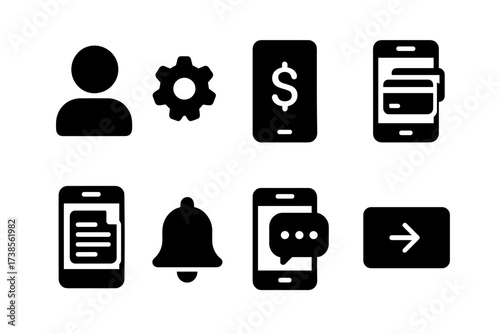 Mobile Banking Icons. Solid, filled icon set of mobile banking account management: profile, settings, account overview, linked cards, statements,