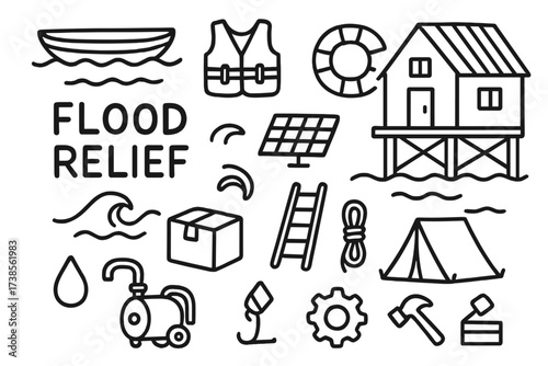 Flood Relief Supplies. Hand-drawn doodle illustration Flood relief modular homes house on stilts, boat, water wave, life vest, lifebuoy, solar panel, crate,