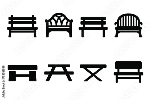 Bench Icon Set. Solid, filled icon set of bench types: park bench, garden bench, wooden bench, metal bench, stone bench, picnic bench, folding bench, bench