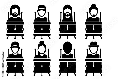 Famous Drummers Icons. Solid, filled icon set of floor tom famous drummers: John Bonham, Neil Peart, Dave Grohl, Steve Gadd, Travis Barker, Sheila E., Buddy