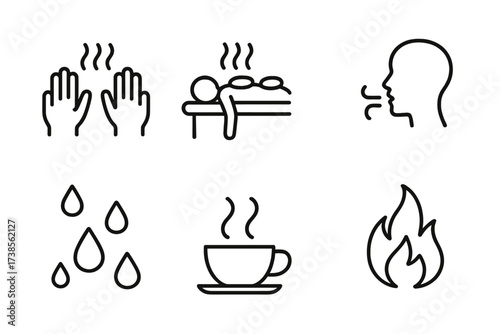 Heated Wellness Icons. Outline icon set of heated body and steam: warming hands, hot stone massage, sweat droplets, steam curls, relaxed posture, warm breath,