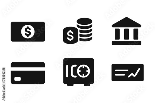 Monopoly Finance Icons. Solid, filled icon set of monopoly money and finance: dollar bills, coin stack, wallet, bank building, credit card, safe,