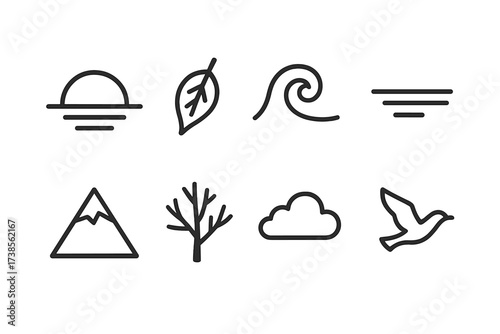 Nature Outline Icons. Outline icon set of longing nature: sunset, falling leaf, ocean wave, distant horizon, mountain peak, bare tree, drifting cloud, bird