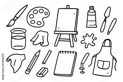 Art Tools Doodle. Hand-drawn doodle illustration Fine art painting tools paintbrush, palette, easel, canvas, tube of paint, palette knife, paint splatter,