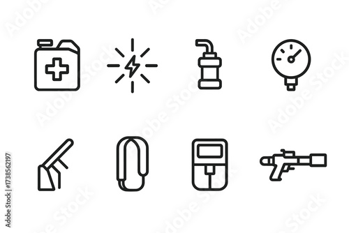 Flamethrower Parts Icons. Outline icon set of flamethrower parts: fuel canister, ignition spark, fuel pump, pressure gauge, control lever, shoulder strap,