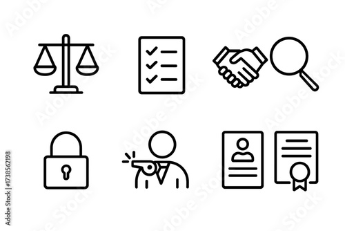 Ethics Icon Set. Outline icon set of senator ethics and accountability: scales of justice, checklist, handshake, magnifying glass, lock, whistleblower, report,