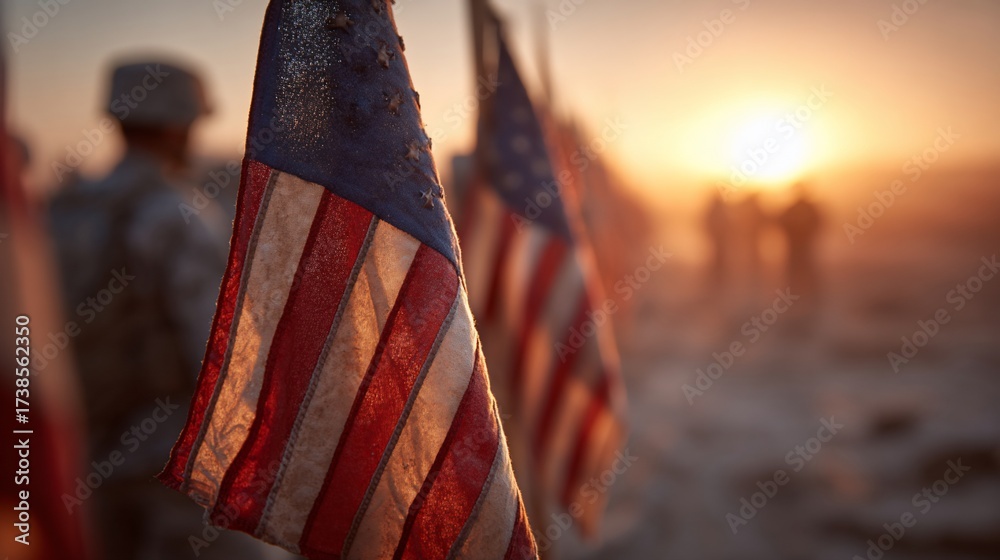 Naklejka premium US flags at sunset with soldiers in soft focus, symbolizing remembrance